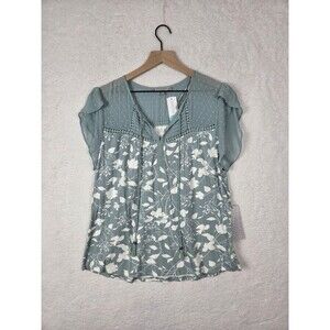 Daniel Rainn Tunic Blouse Womens L Blue Sheer Floral Swiss Dot Tassel Boho Top